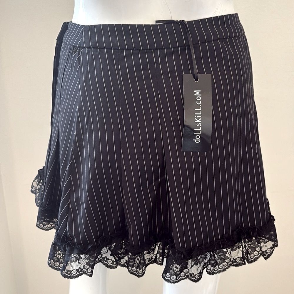 dELiA*s x Dolls Kill Black & White Pinstripe Ruffle Trim Mini Skirt Side Buttons - Picture 3 of 6